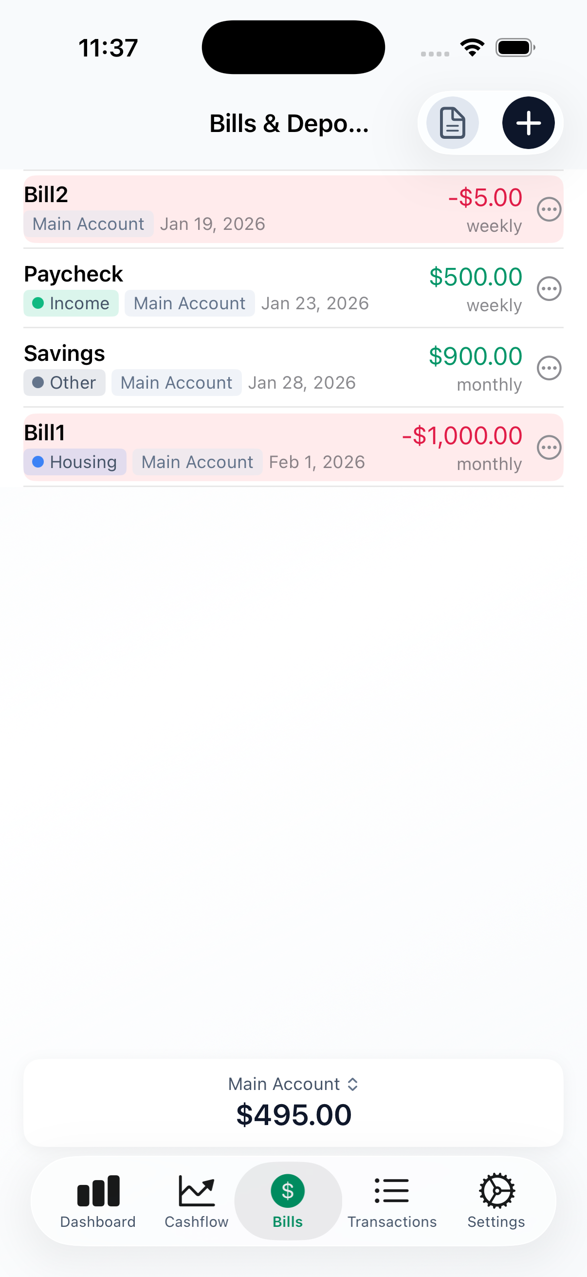 Bills & Deposits list