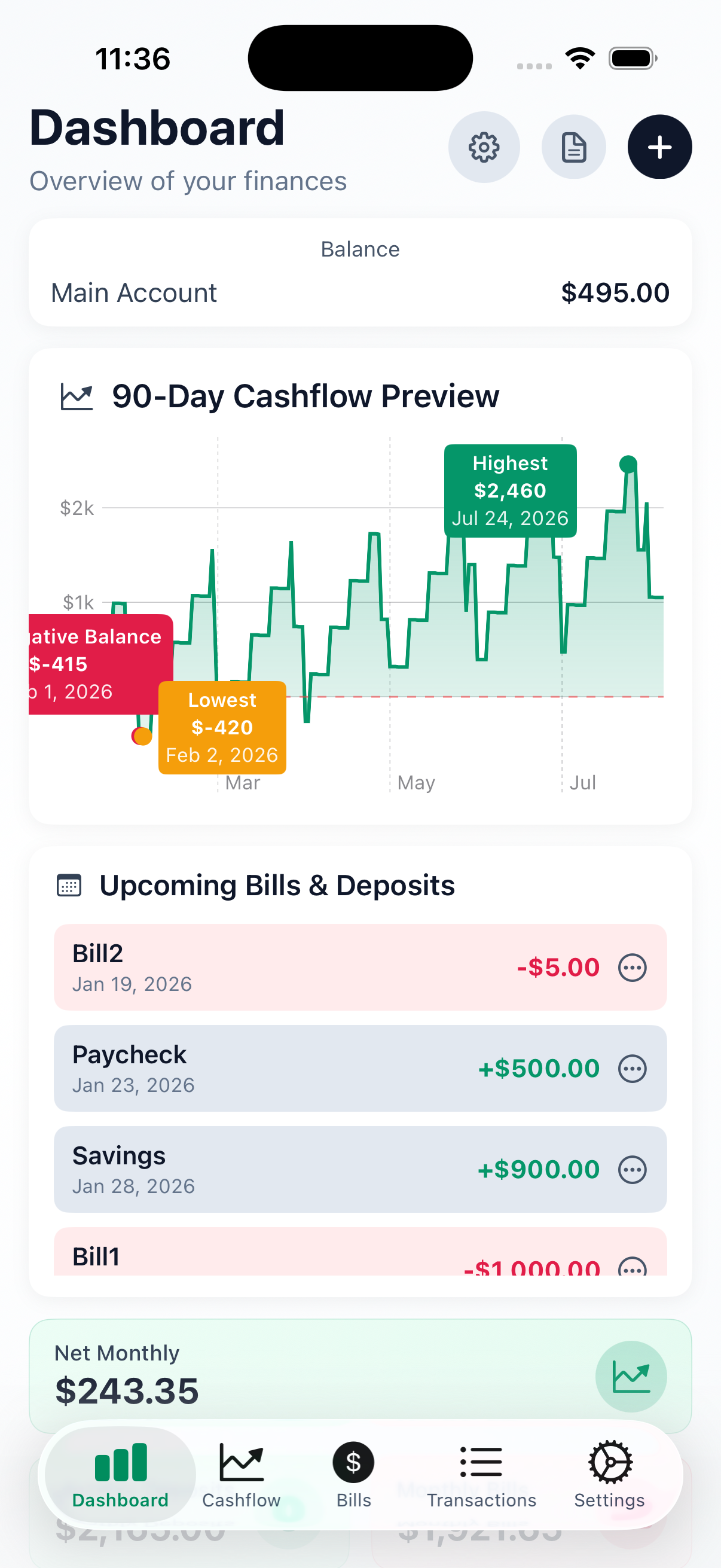 Dashboard — balance, 90-day chart, upcoming bills